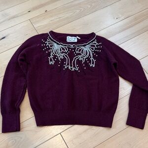 Anthropologie Burgundy Embellished Crewneck Sweater